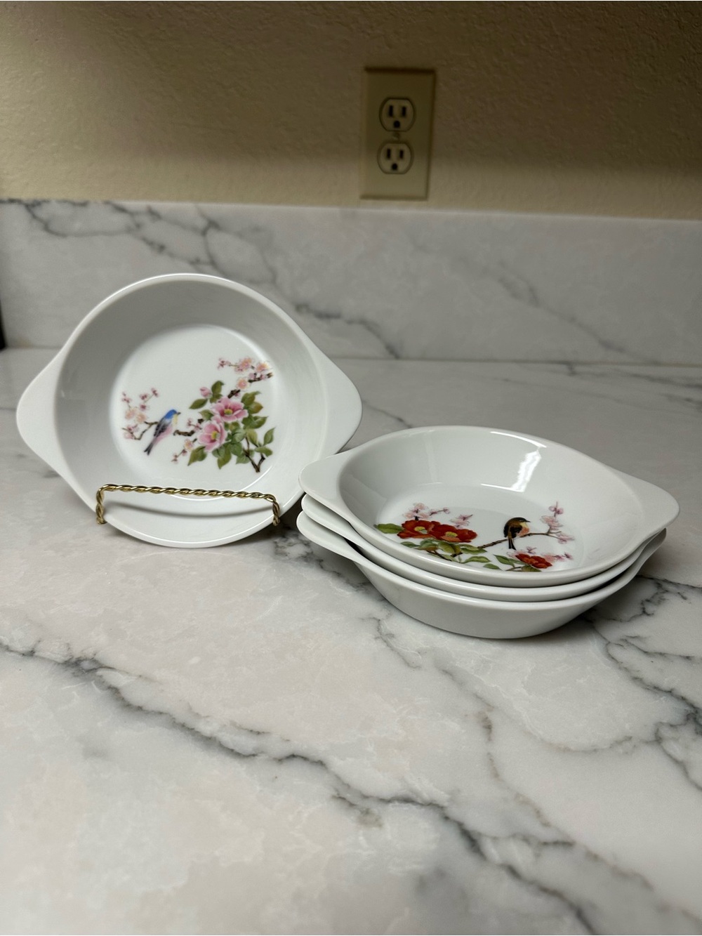 vintage botanical bird ramekins / individual casserole dishes.